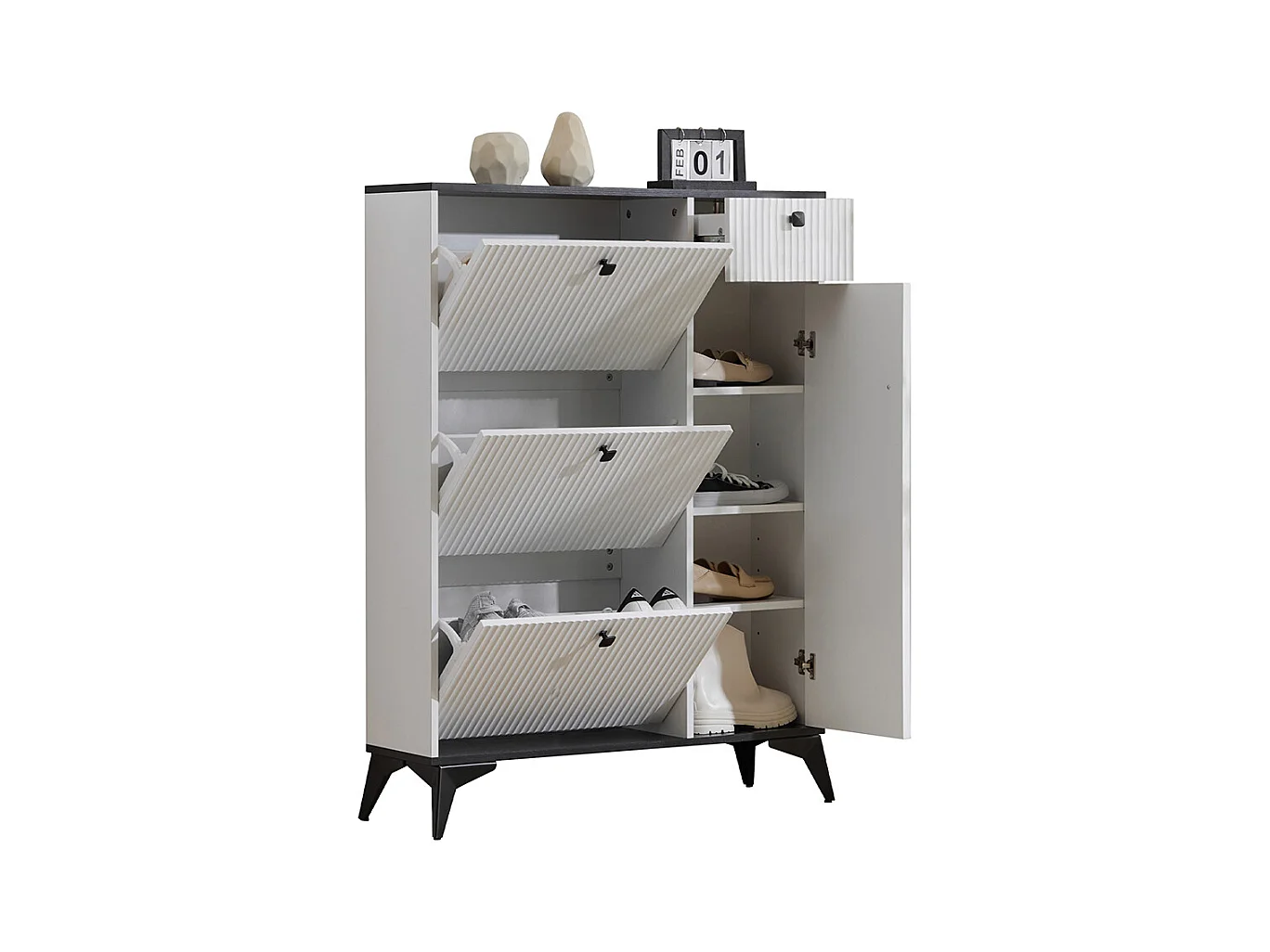 Meuble à chaussures blanc 3 rabats 1 tiroir 1 porte étagère étroite