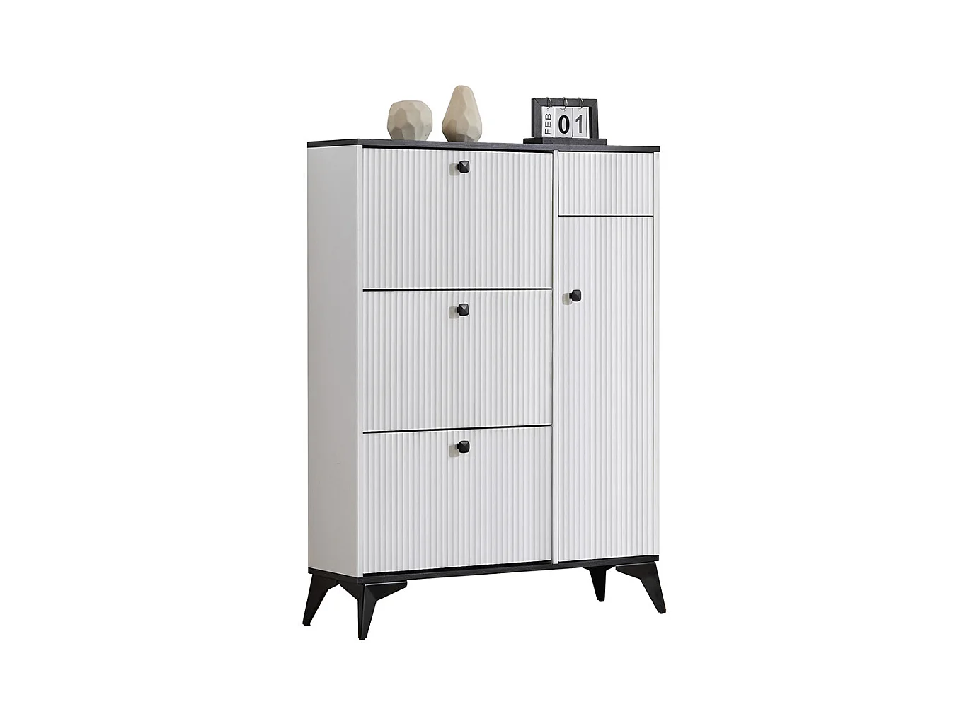 Meuble à chaussures blanc 3 rabats 1 tiroir 1 porte étagère étroite