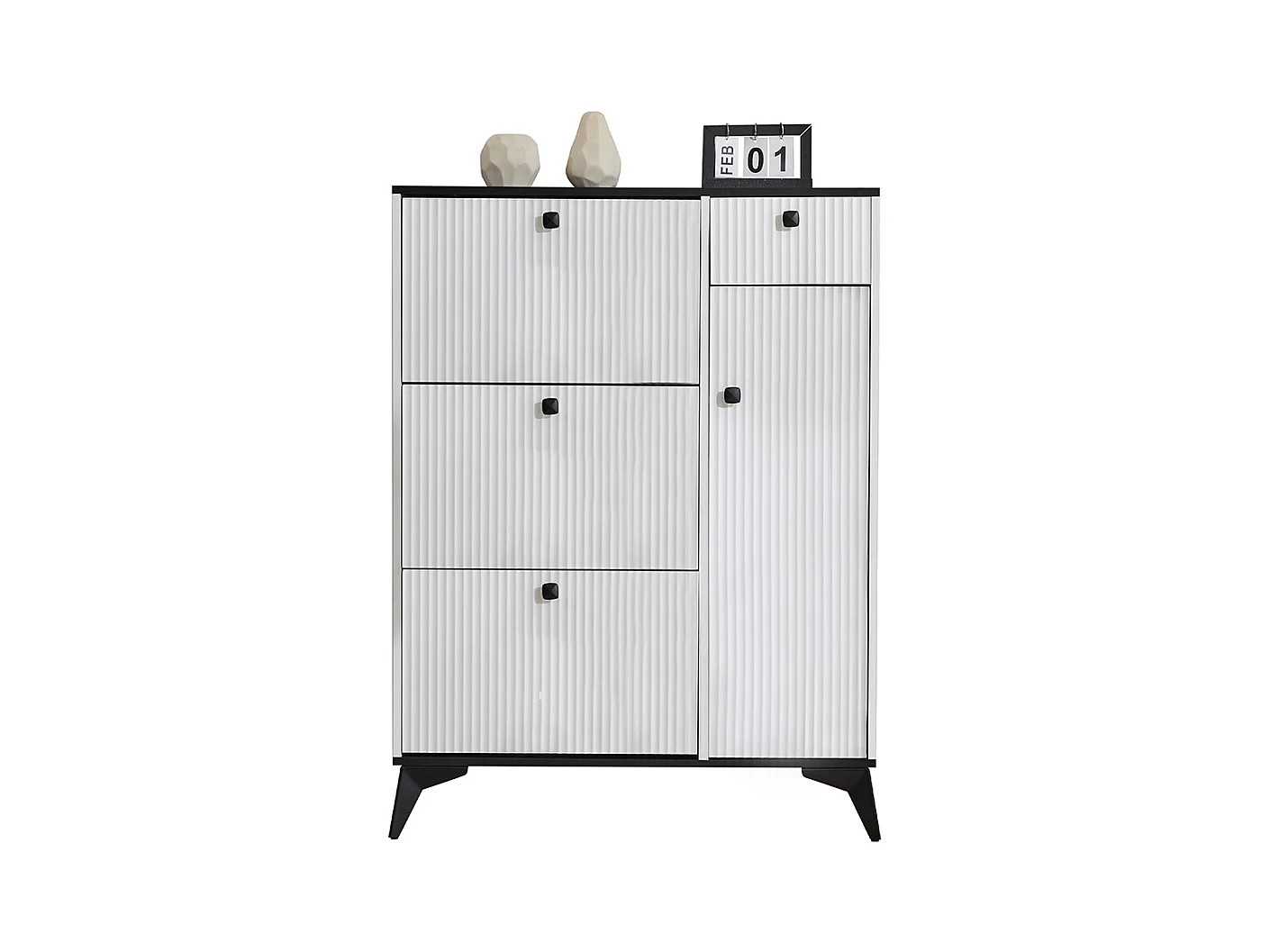 Meuble à chaussures blanc 3 rabats 1 tiroir 1 porte étagère étroite