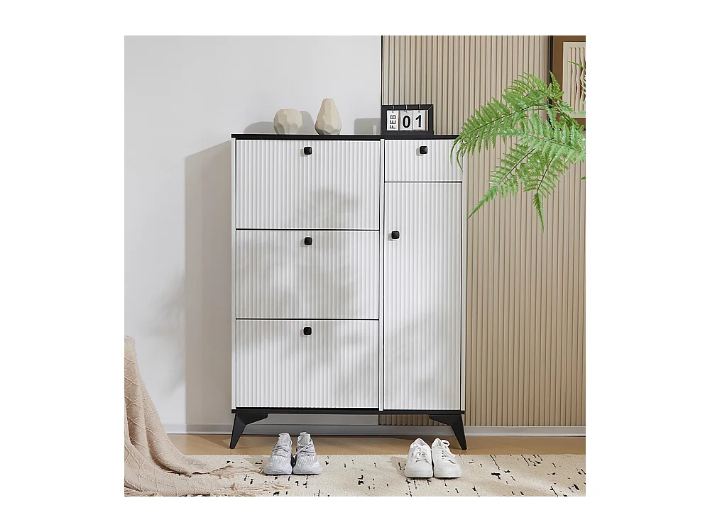 Meuble à chaussures blanc 3 rabats 1 tiroir 1 porte étagère étroite