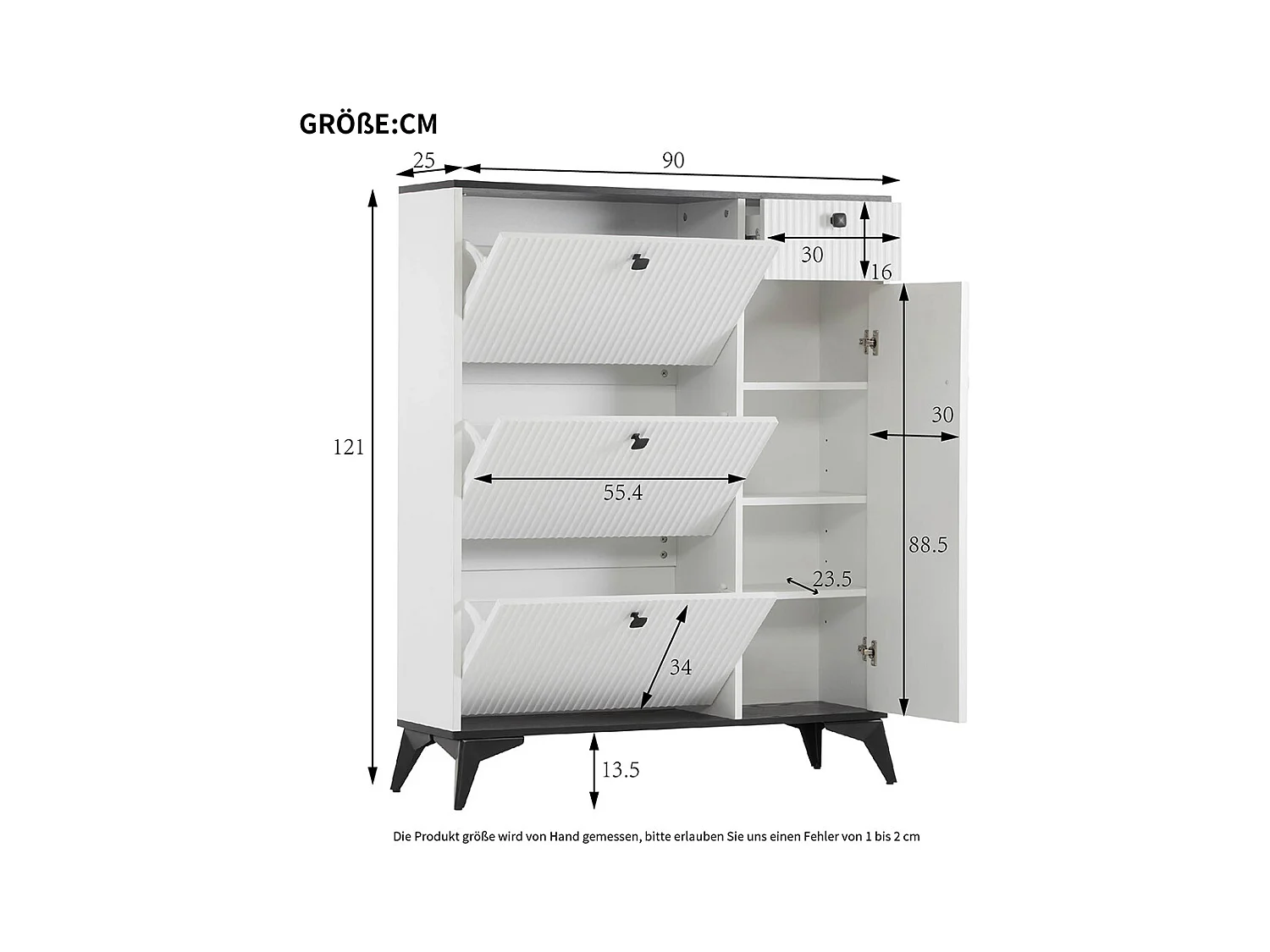 Meuble à chaussures blanc 3 rabats 1 tiroir 1 porte étagère étroite