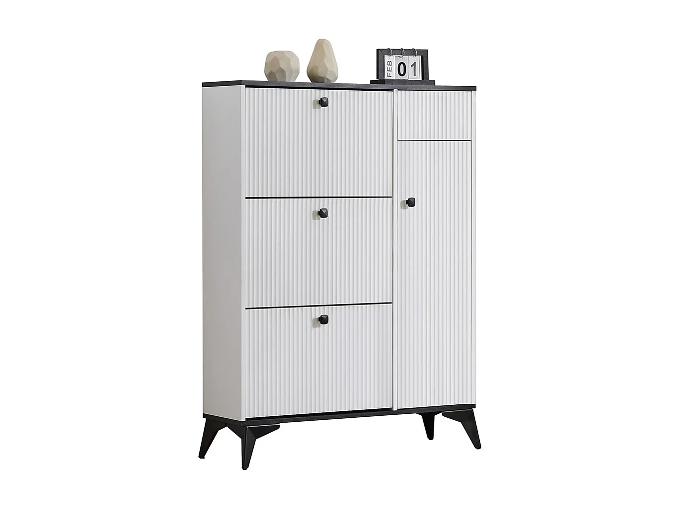 Meuble à chaussures blanc 3 rabats 1 tiroir 1 porte étagère étroite