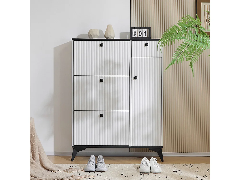 Meuble à chaussures blanc 3 rabats 1 tiroir 1 porte étagère étroite