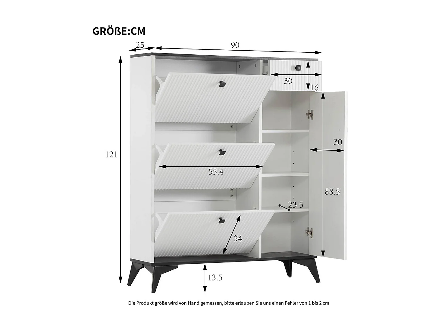 Meuble à chaussures blanc 3 rabats 1 tiroir 1 porte étagère étroite
