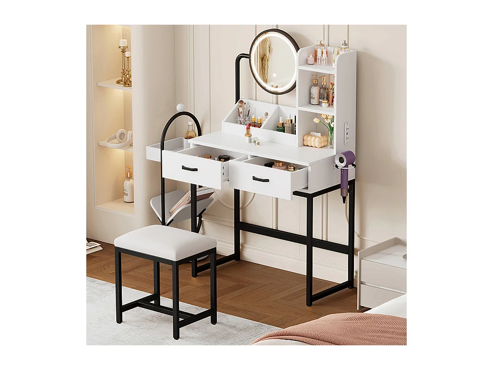 Coiffeuse blanc éclairage LED miroir pivotant prises électriques 2 tiroirs 2 étagères ouvertes pieds métal noir