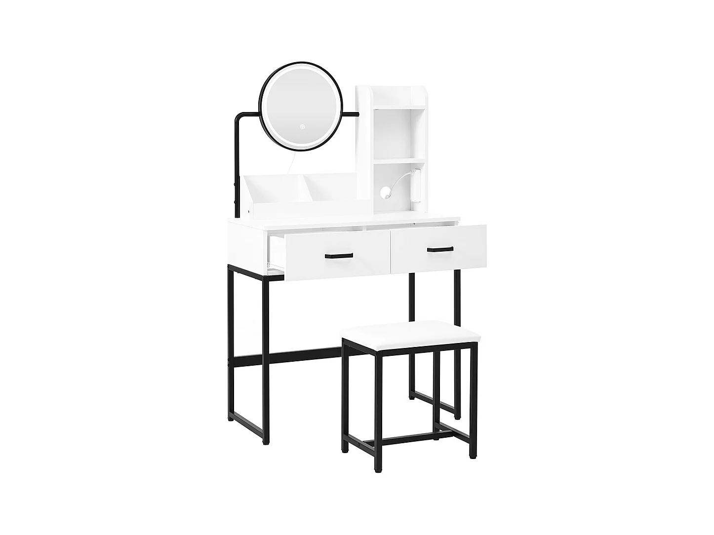 Coiffeuse blanc éclairage LED miroir pivotant prises électriques 2 tiroirs 2 étagères ouvertes pieds métal noir