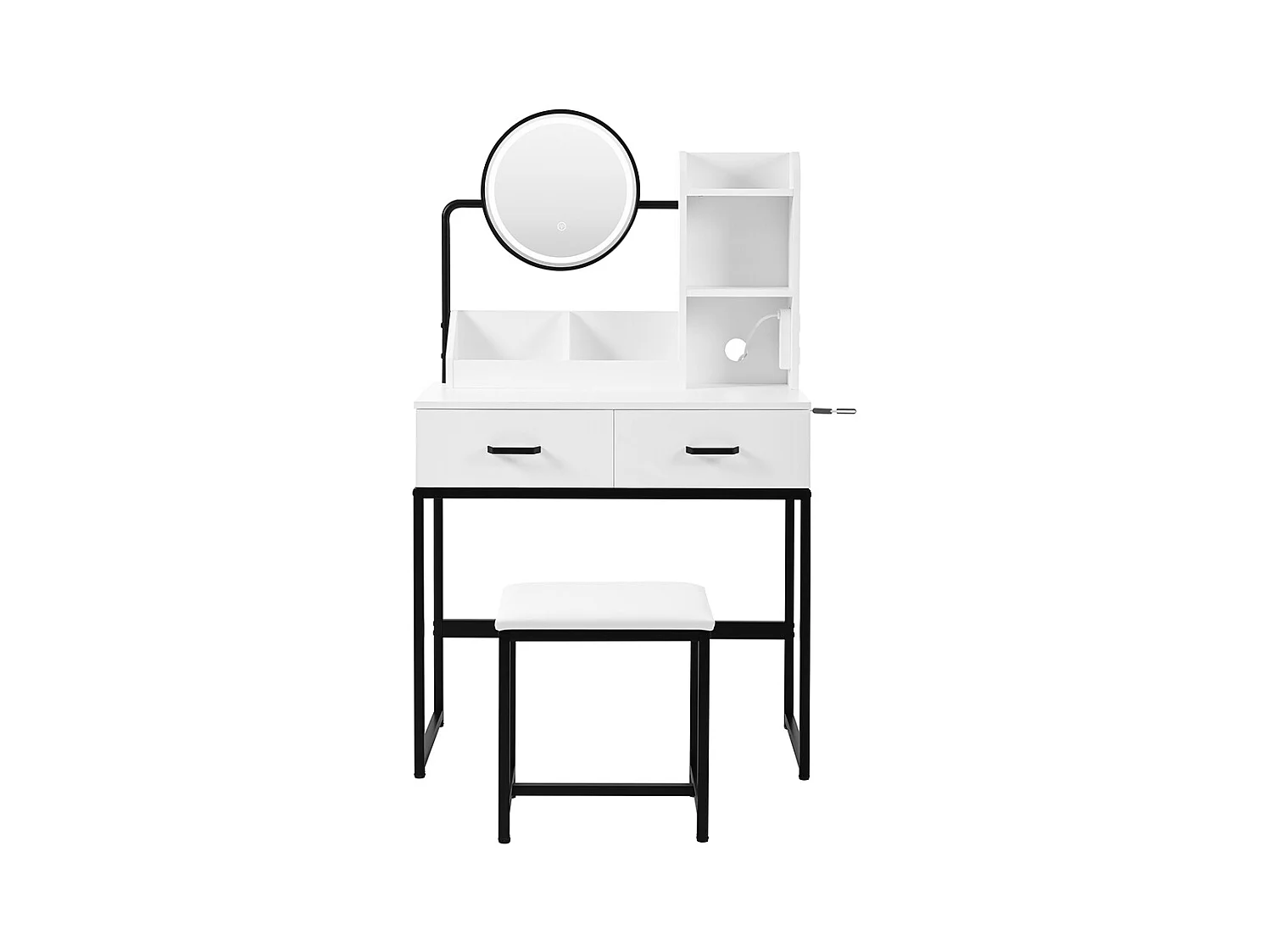 Coiffeuse blanc éclairage LED miroir pivotant prises électriques 2 tiroirs 2 étagères ouvertes pieds métal noir