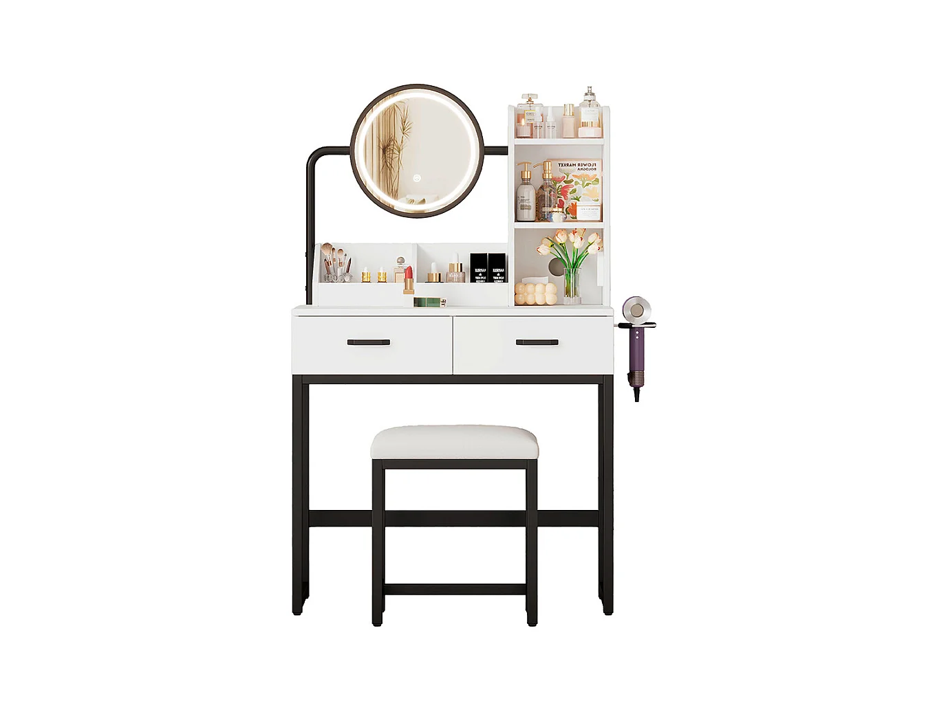 Coiffeuse blanc éclairage LED miroir pivotant prises électriques 2 tiroirs 2 étagères ouvertes pieds métal noir