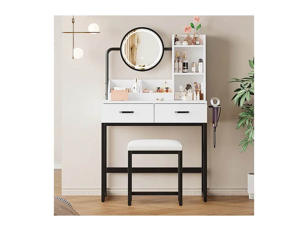 Coiffeuse blanc éclairage LED miroir pivotant prises électriques 2 tiroirs 2 étagères ouvertes pieds métal noir