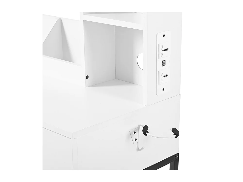 Coiffeuse blanc éclairage LED miroir pivotant prises électriques 2 tiroirs 2 étagères ouvertes pieds métal noir