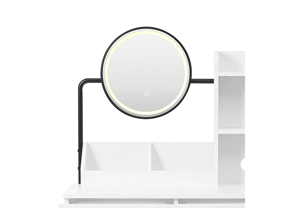 Coiffeuse blanc éclairage LED miroir pivotant prises électriques 2 tiroirs 2 étagères ouvertes pieds métal noir