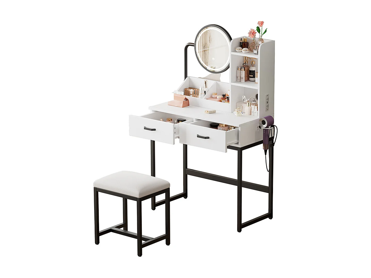 Coiffeuse blanc éclairage LED miroir pivotant prises électriques 2 tiroirs 2 étagères ouvertes pieds métal noir