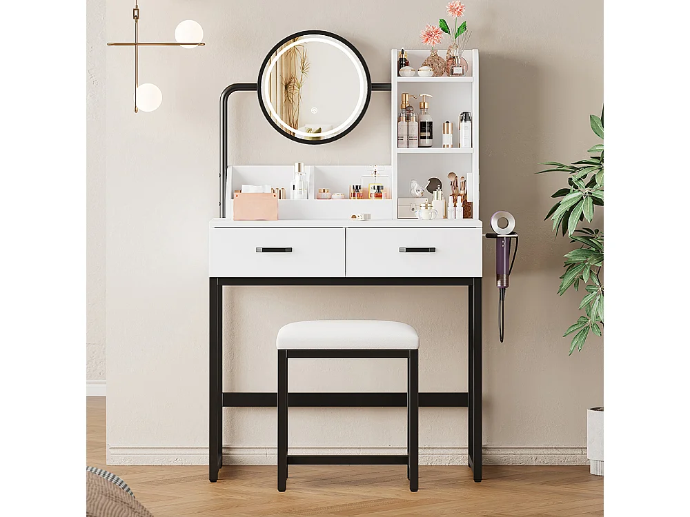 Coiffeuse blanc éclairage LED miroir pivotant prises électriques 2 tiroirs 2 étagères ouvertes pieds métal noir