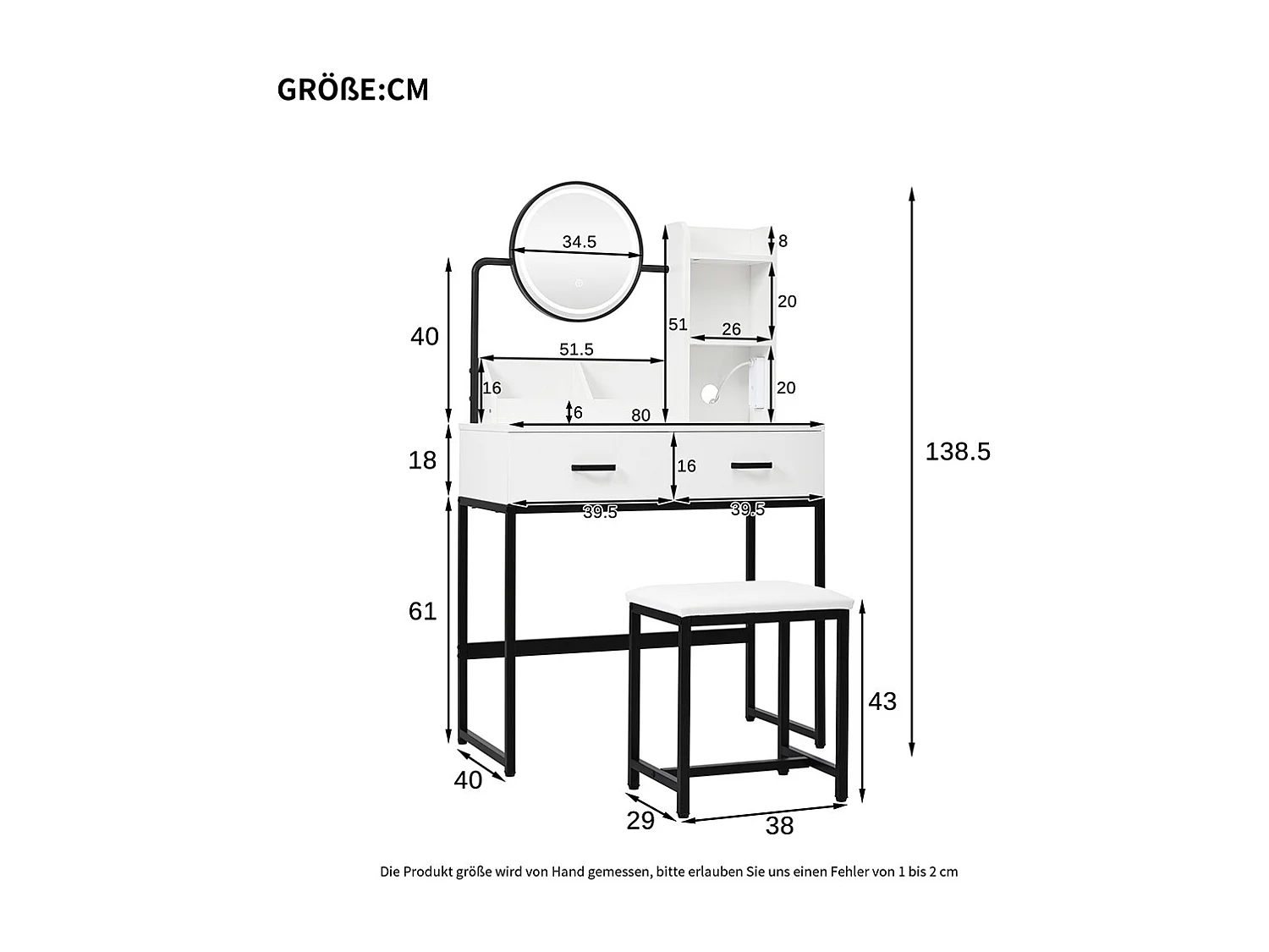 Coiffeuse blanc éclairage LED miroir pivotant prises électriques 2 tiroirs 2 étagères ouvertes pieds métal noir