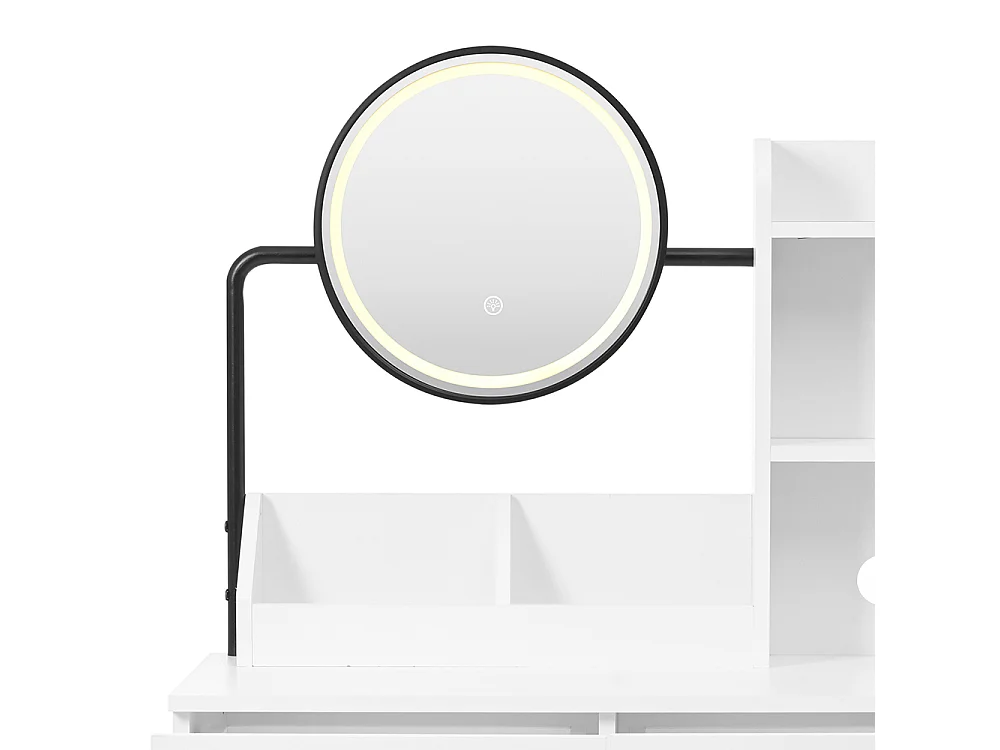 Coiffeuse blanc éclairage LED miroir pivotant prises électriques 2 tiroirs 2 étagères ouvertes pieds métal noir