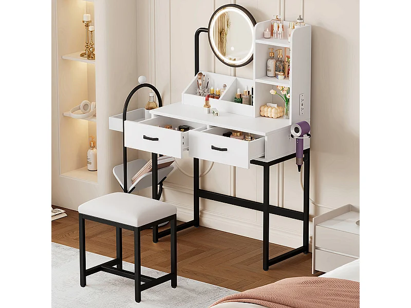 Coiffeuse blanc éclairage LED miroir pivotant prises électriques 2 tiroirs 2 étagères ouvertes pieds métal noir