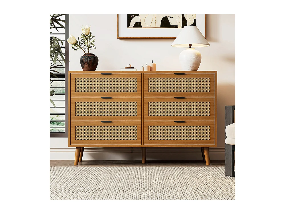 Commode naturel 6 tiroirs buffet bois poignées métal chambre salon bureau espace rangement