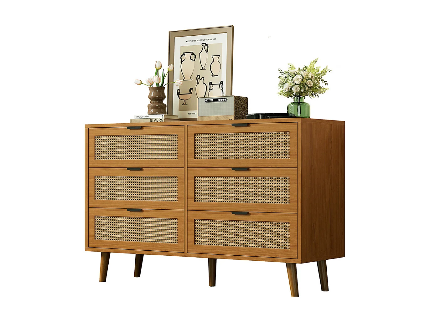 Commode naturel 6 tiroirs buffet bois poignées métal chambre salon bureau espace rangement