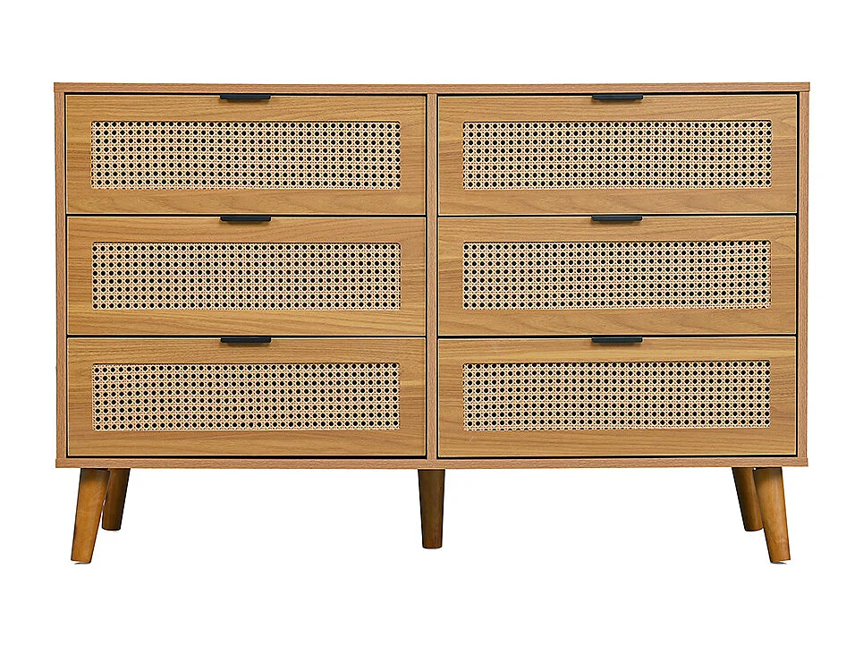 Commode naturel 6 tiroirs buffet bois poignées métal chambre salon bureau espace rangement