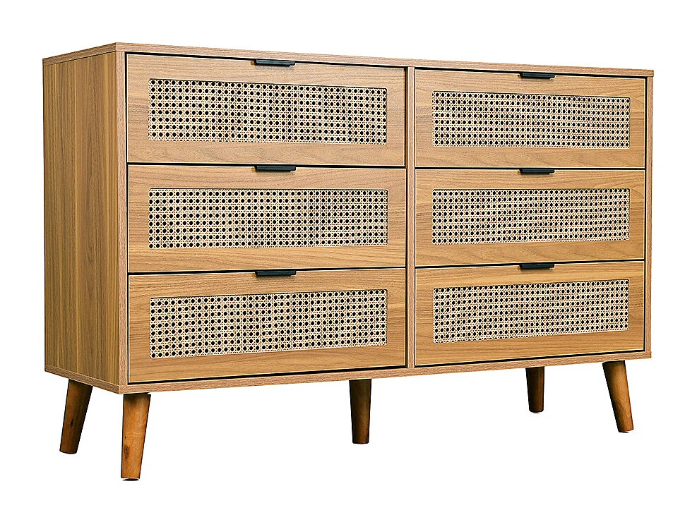 Commode naturel 6 tiroirs buffet bois poignées métal chambre salon bureau espace rangement