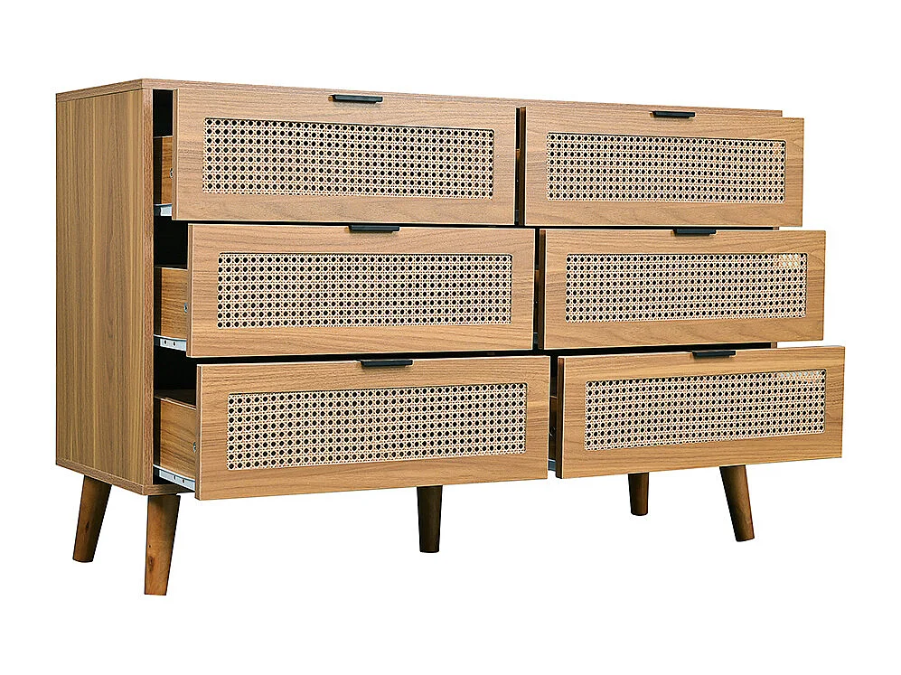 Commode naturel 6 tiroirs buffet bois poignées métal chambre salon bureau espace rangement