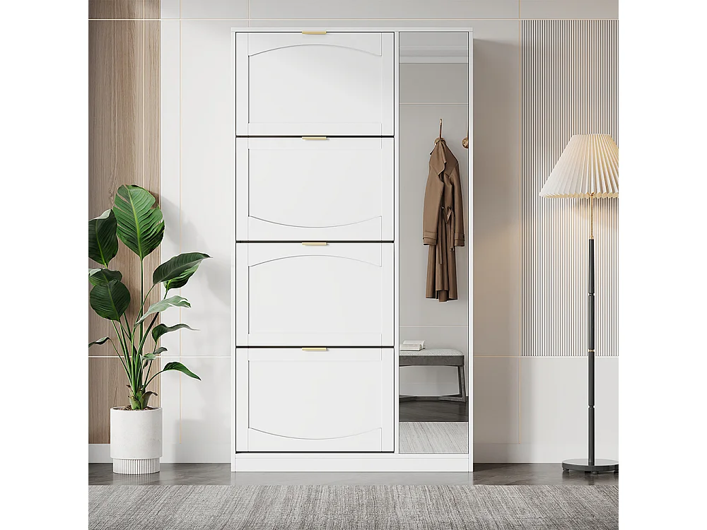Meuble à chaussures blanc miroir 4 compartiments rabats étagère réglable couloir