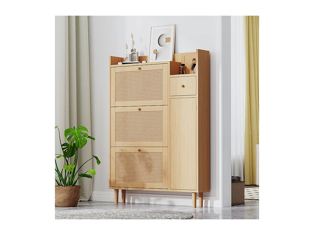 Meuble à chaussures 3 portes 1 tiroir naturel rotan pieds bois massif entrées étroites