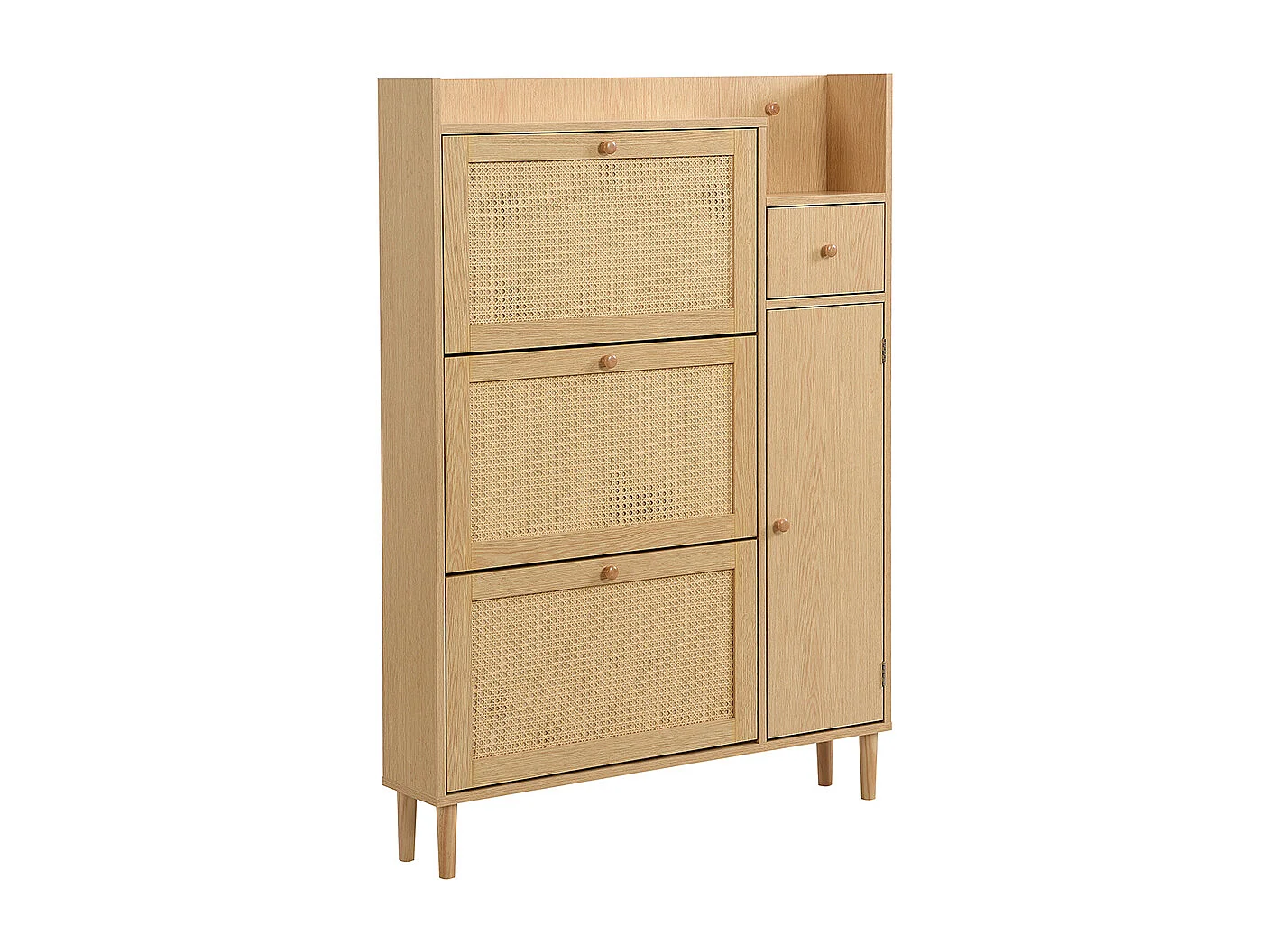 Meuble à chaussures 3 portes 1 tiroir naturel rotan pieds bois massif entrées étroites