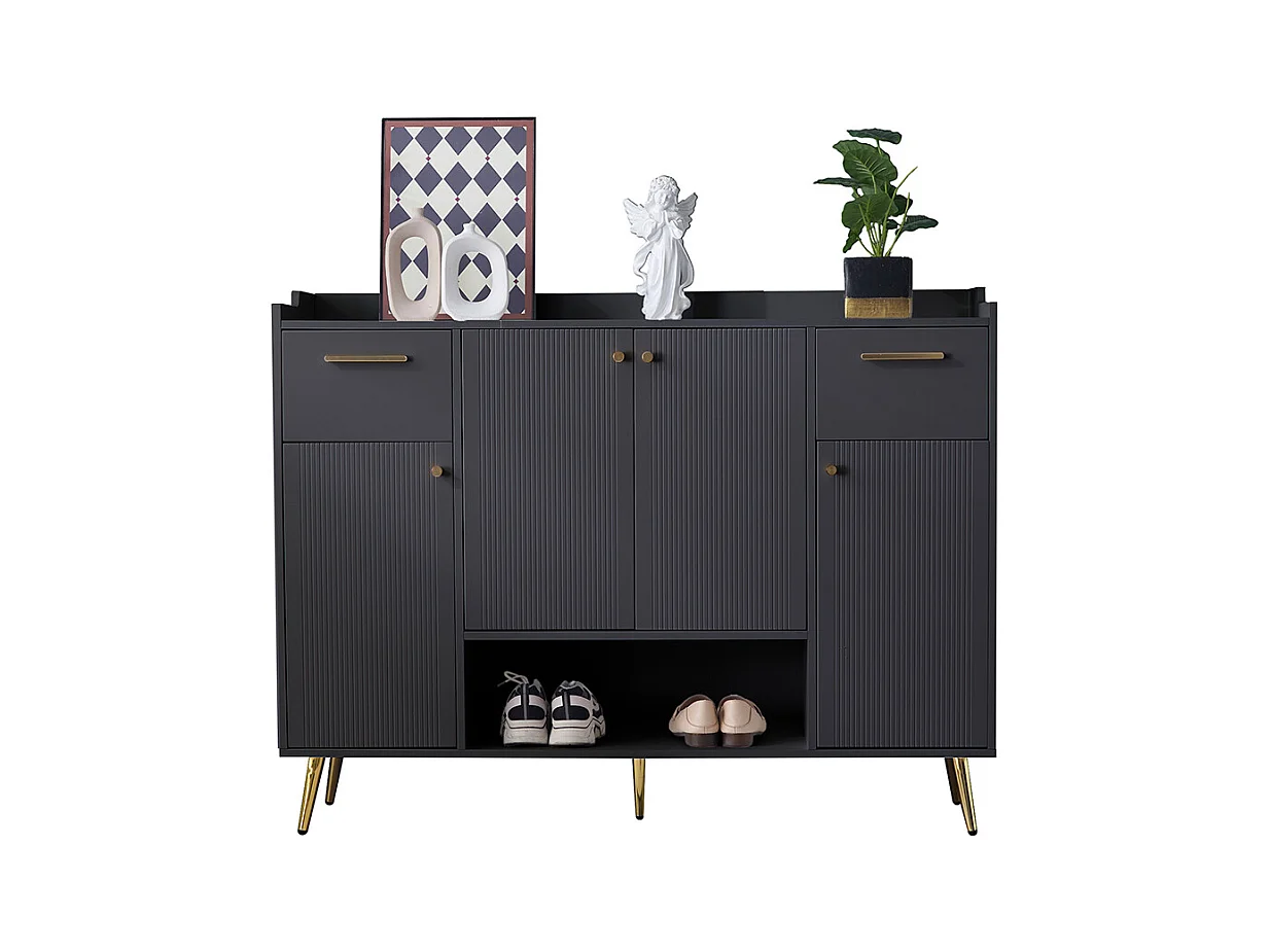 Meuble à chaussures noir 2 tiroirs 4 portes étagère pieds métal