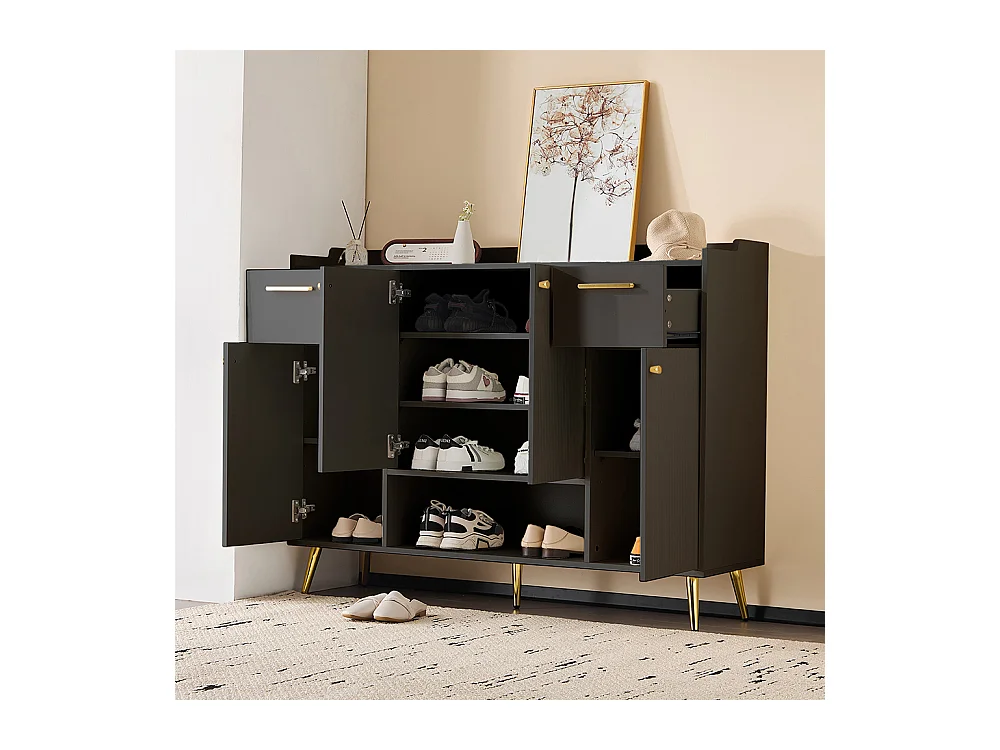 Meuble à chaussures noir 2 tiroirs 4 portes étagère pieds métal
