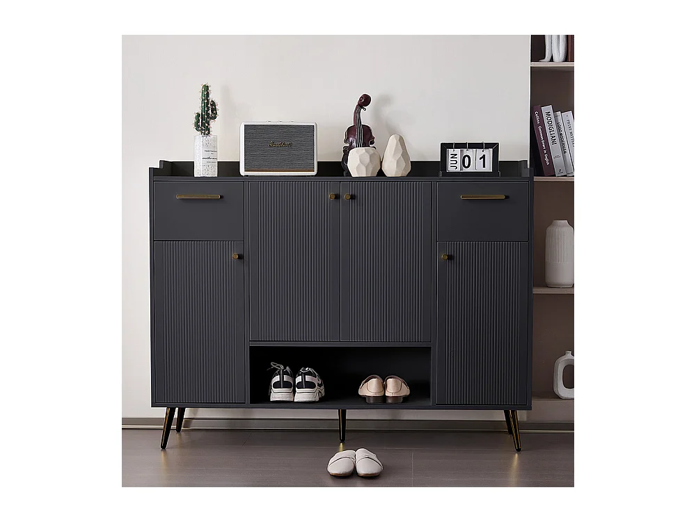 Meuble à chaussures noir 2 tiroirs 4 portes étagère pieds métal