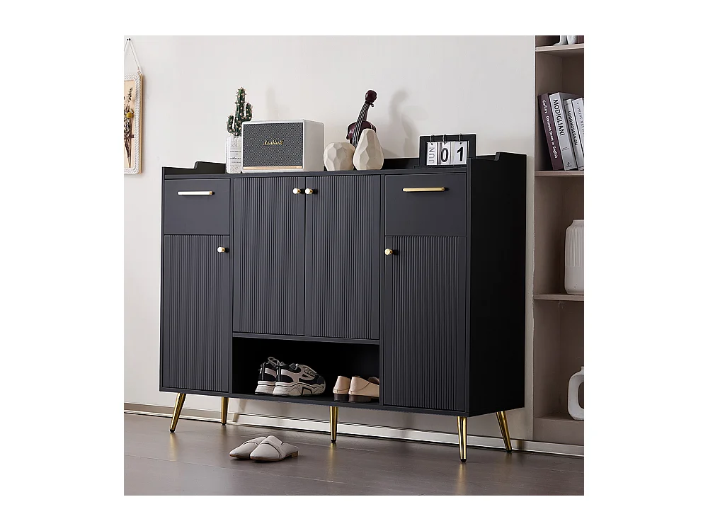 Meuble à chaussures noir 2 tiroirs 4 portes étagère pieds métal