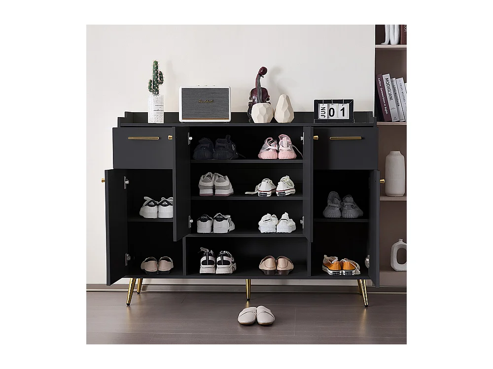 Meuble à chaussures noir 2 tiroirs 4 portes étagère pieds métal