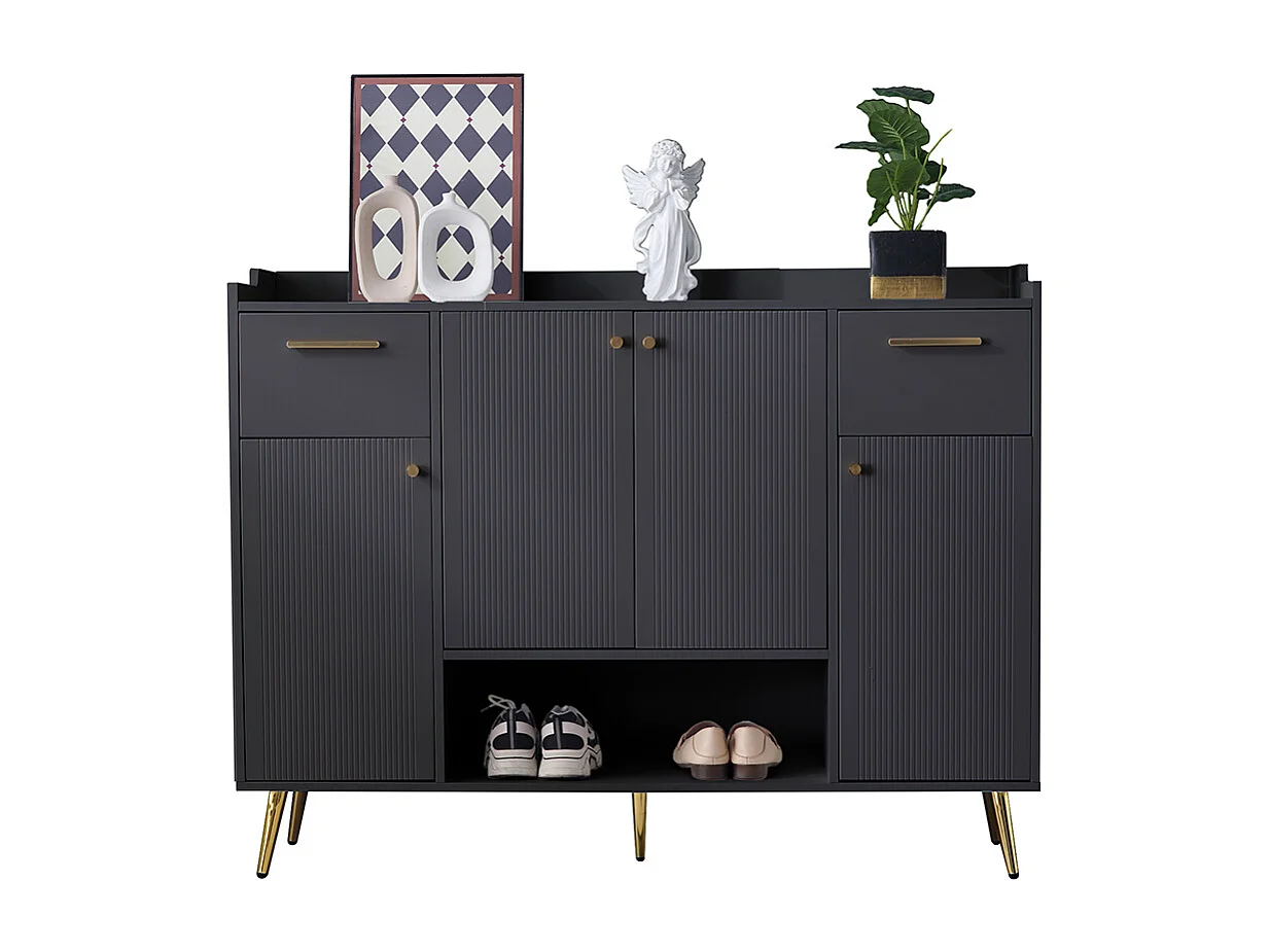 Meuble à chaussures noir 2 tiroirs 4 portes étagère pieds métal