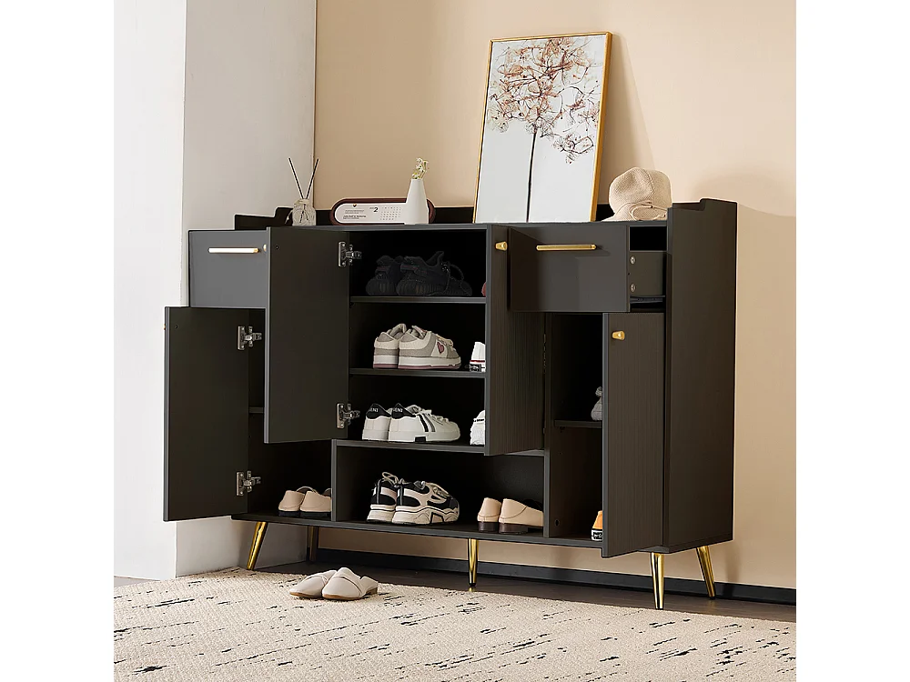 Meuble à chaussures noir 2 tiroirs 4 portes étagère pieds métal