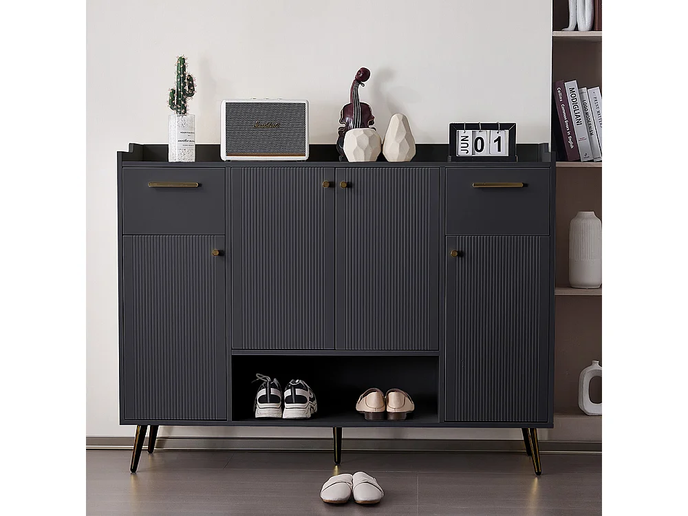 Meuble à chaussures noir 2 tiroirs 4 portes étagère pieds métal