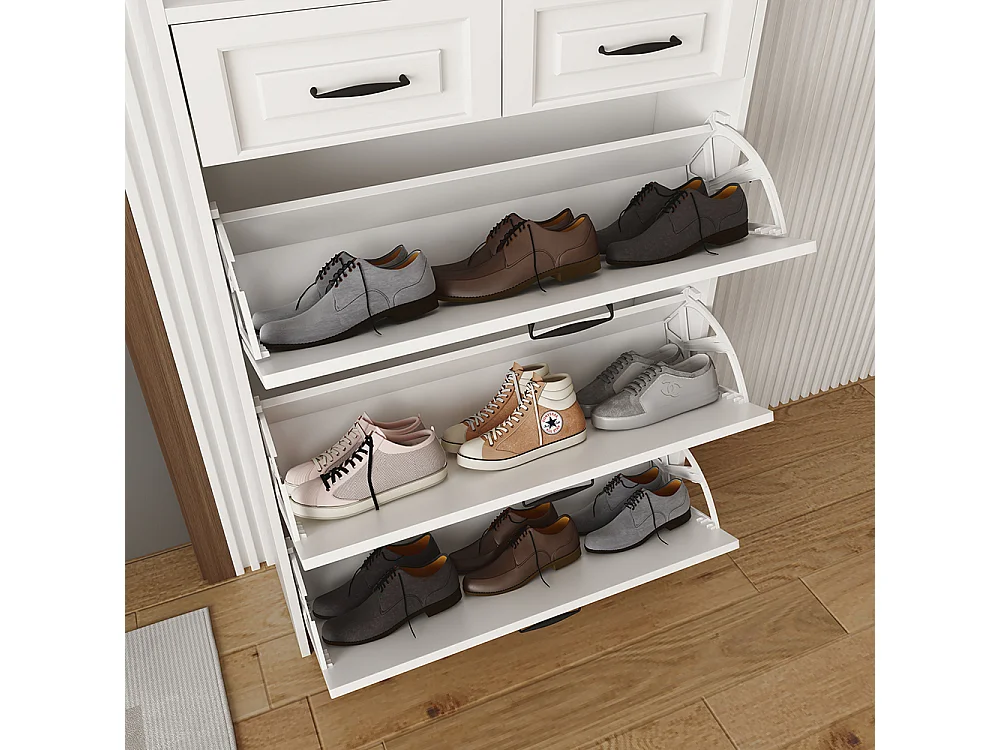 Meuble à chaussures blanc trois volets deux tiroirs bois entrées salons