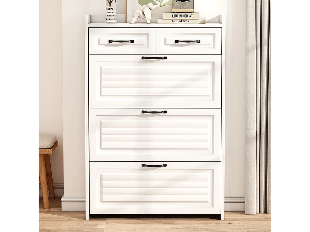 Meuble à chaussures blanc trois volets deux tiroirs bois entrées salons