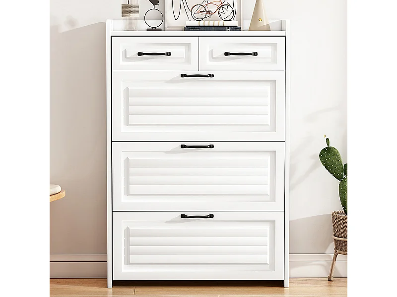 Meuble à chaussures blanc trois volets deux tiroirs bois entrées salons