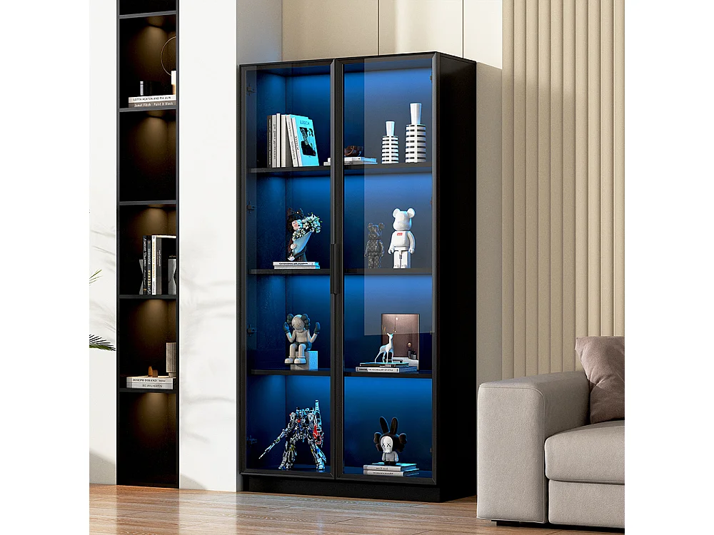 Vitrinekast 80x40x160 cm glas LED APP dubbele deur verwijderbare planken woonkamer