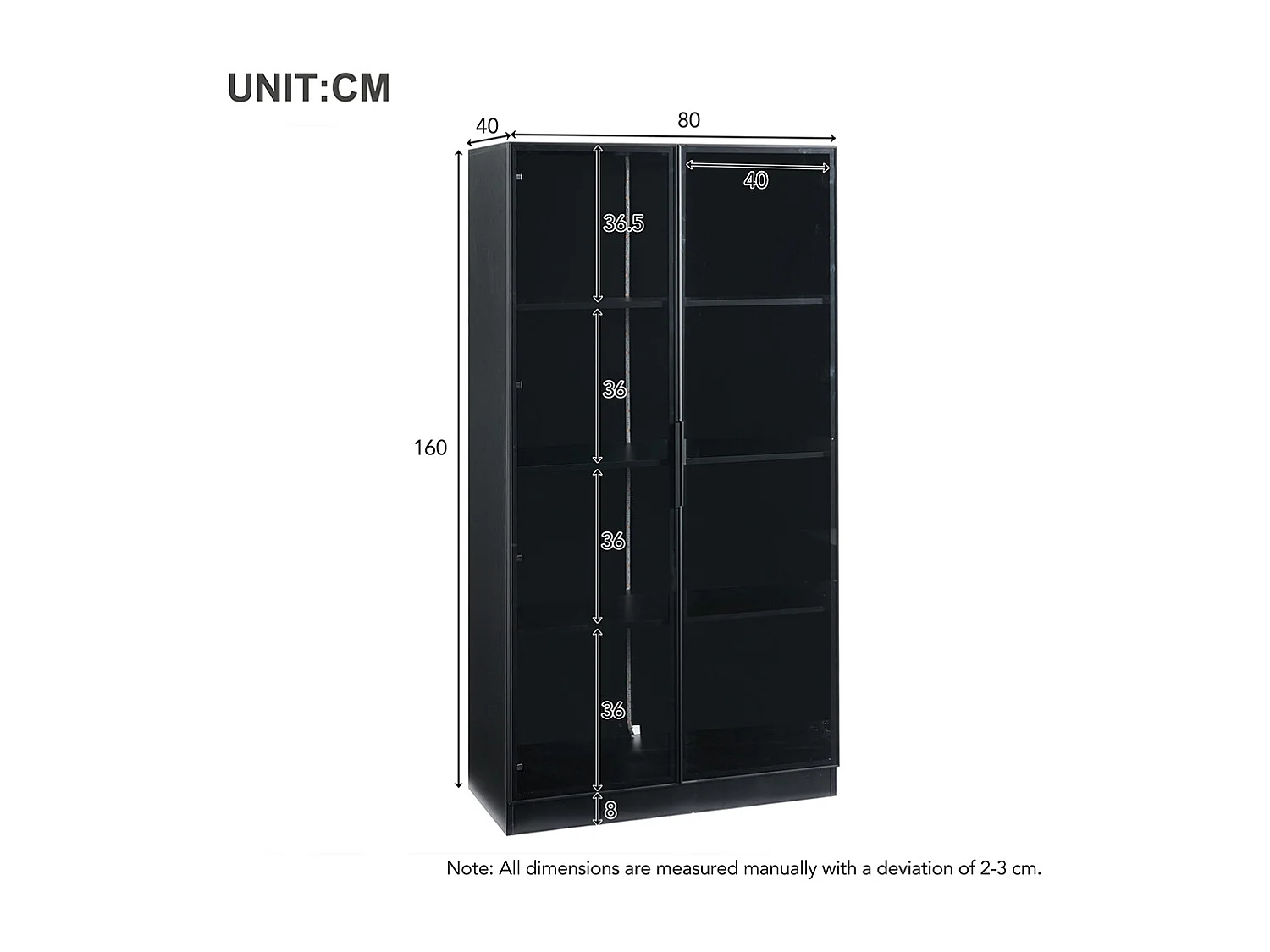 Vitrinekast 80x40x160 cm glas LED APP dubbele deur verwijderbare planken woonkamer