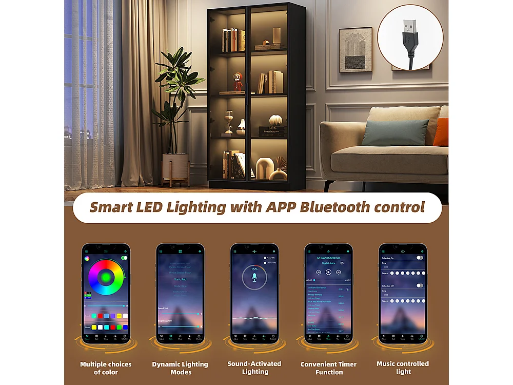 Vitrinekast 80x40x160 cm glas LED APP dubbele deur verwijderbare planken woonkamer