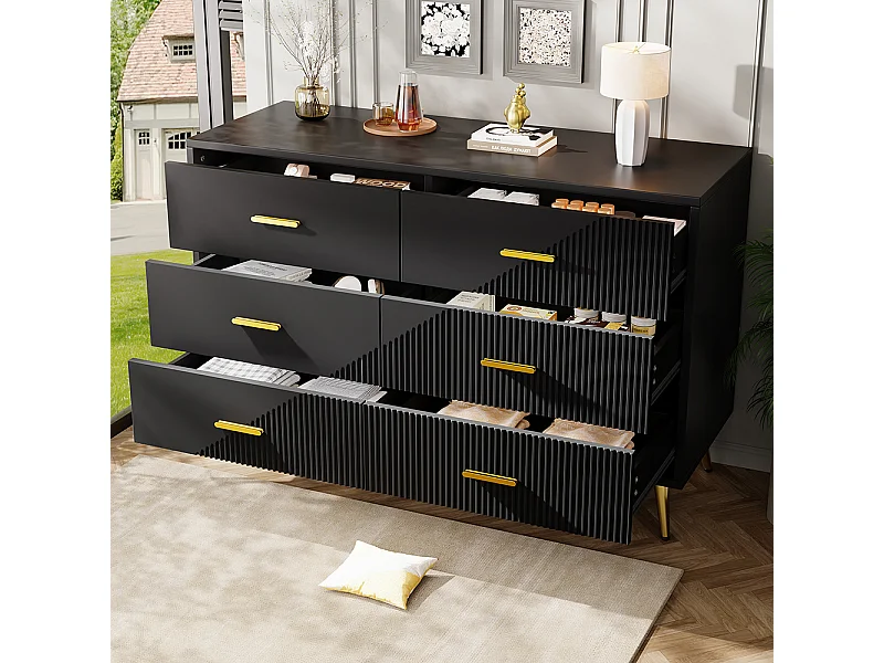 Commode à tiroirs meuble salle à manger noir simple moderne design portes darmoire trois dimensions pieds dorés 6 tiroirs spacieux