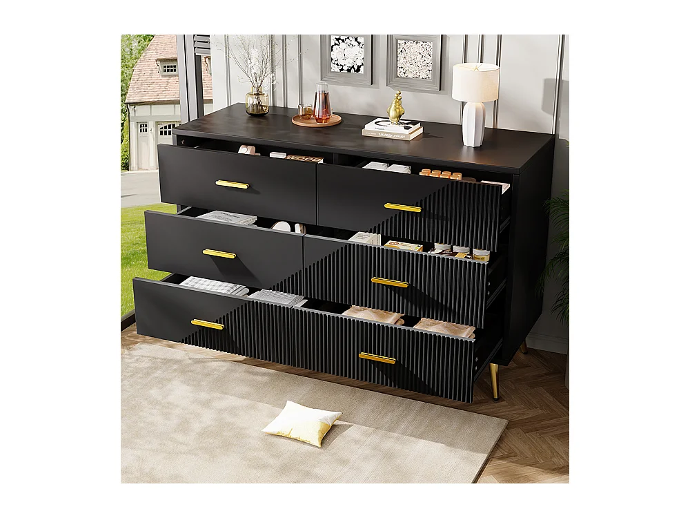 Commode à tiroirs meuble salle à manger noir simple moderne design portes darmoire trois dimensions pieds dorés 6 tiroirs spacieux
