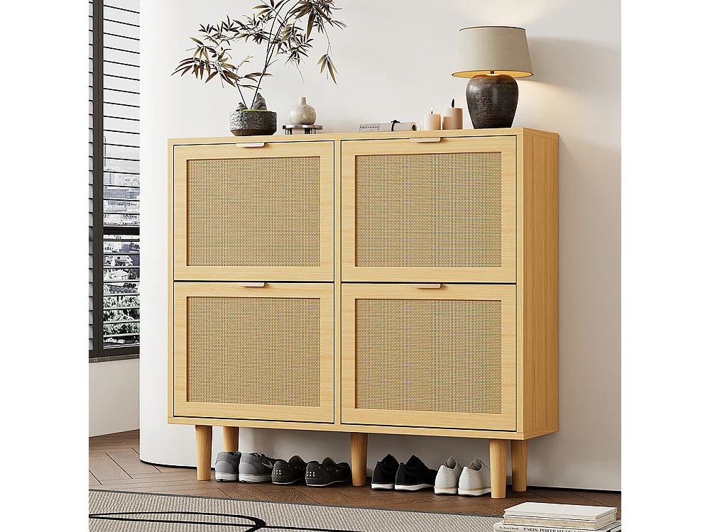 Meuble à chaussures 4 tiroirs rabattables naturel rotin poignées métal couloir chambre