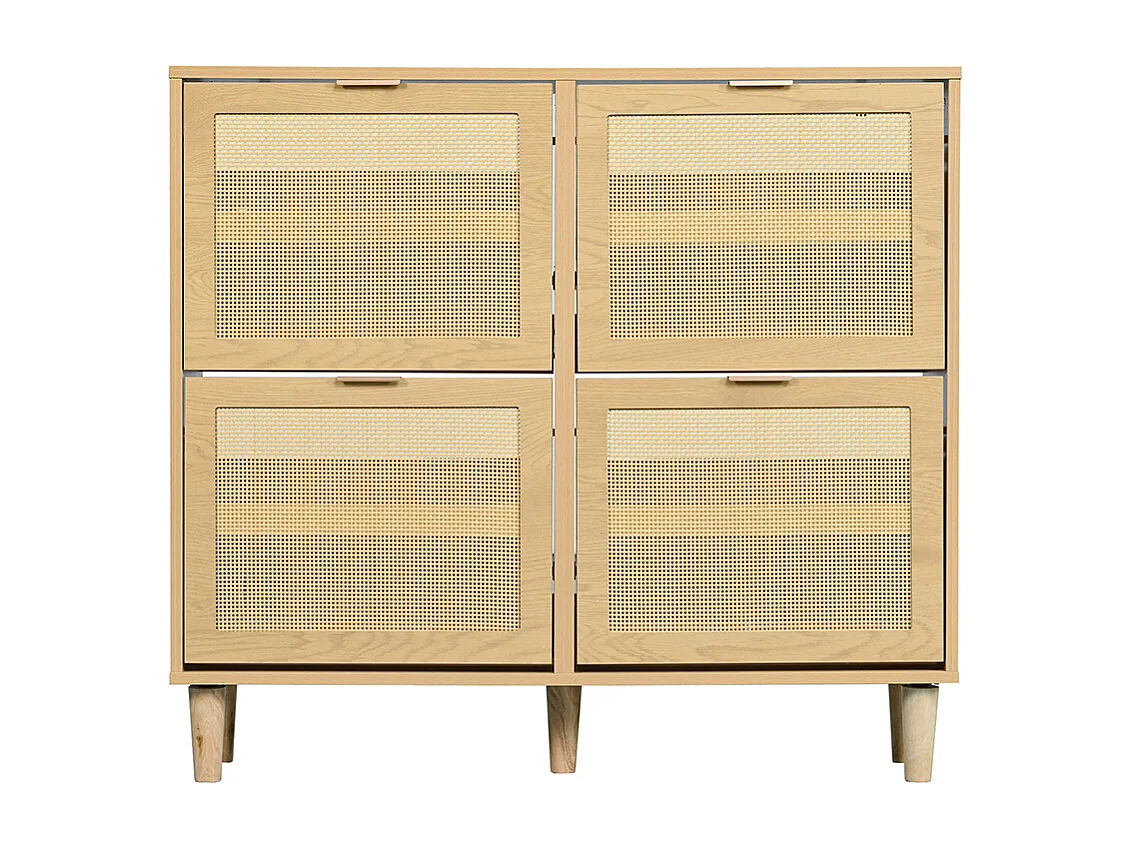 Meuble à chaussures 4 tiroirs rabattables naturel rotin poignées métal couloir chambre