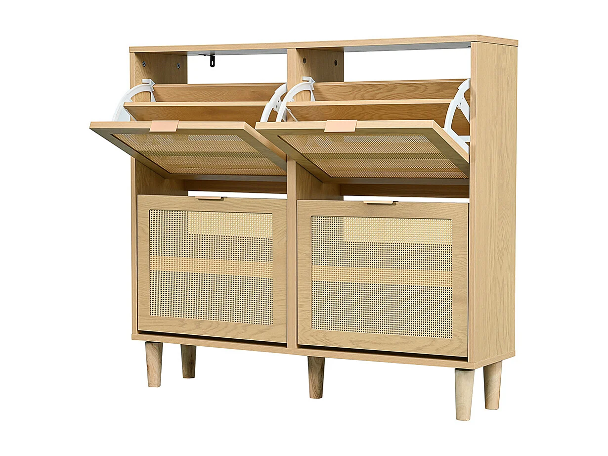 Meuble à chaussures 4 tiroirs rabattables naturel rotin poignées métal couloir chambre