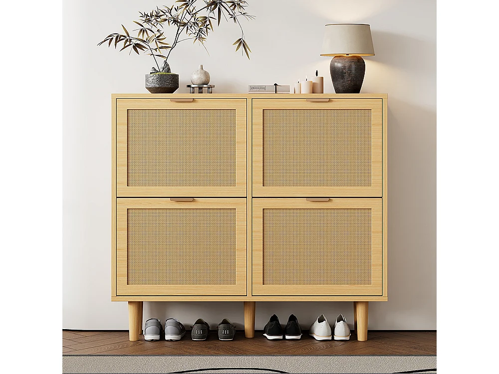 Meuble à chaussures 4 tiroirs rabattables naturel rotin poignées métal couloir chambre