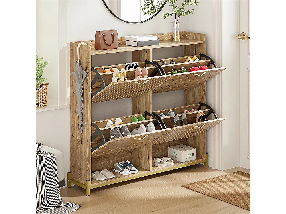 Meuble à chaussures moderne aspect bois 4 portes peu encombrant pour l'entrée le couloir ou le vestibule naturel