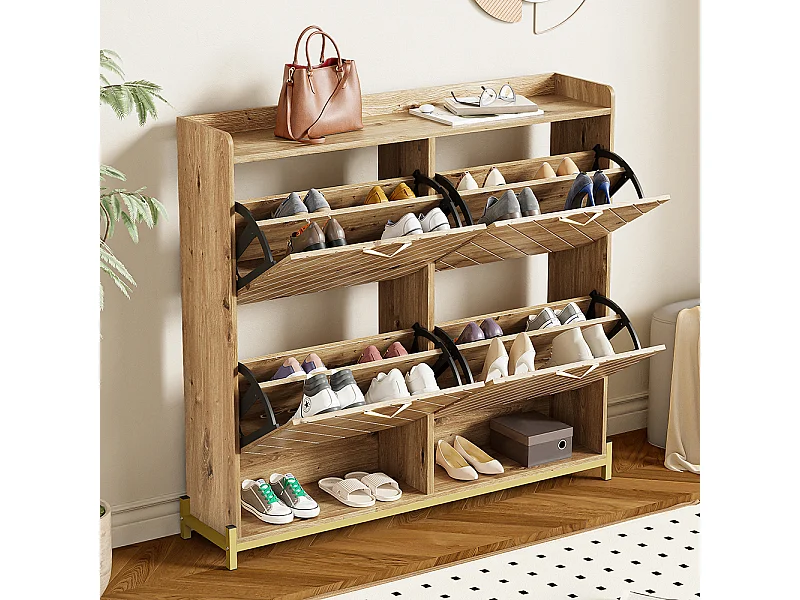 Meuble à chaussures moderne aspect bois 4 portes peu encombrant pour l'entrée le couloir ou le vestibule naturel